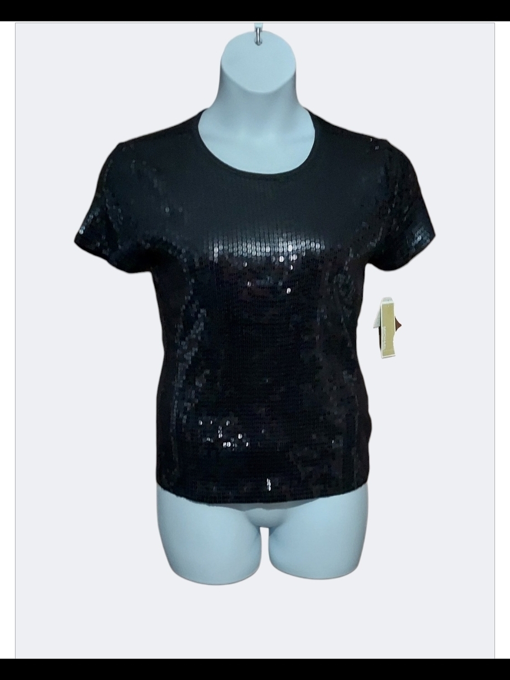 NWT Michael Kors Black Sequin Short-Sleeve Crewneck Top LARGE - Picture 2 of 4